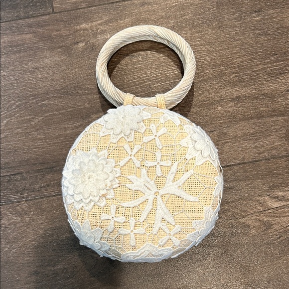 Flora Bella Handbags - Flora Bella Crochet Appliqué Handcrafted Ivory Lace Round Straw Bag